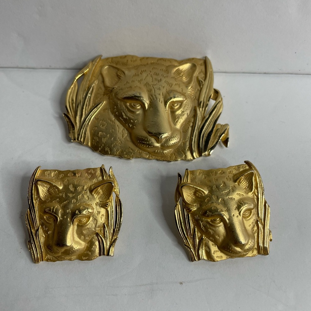 Vintage Parklane Park Lane Earrings Brooch Large Jungle Cat Tiger Cougar Lion